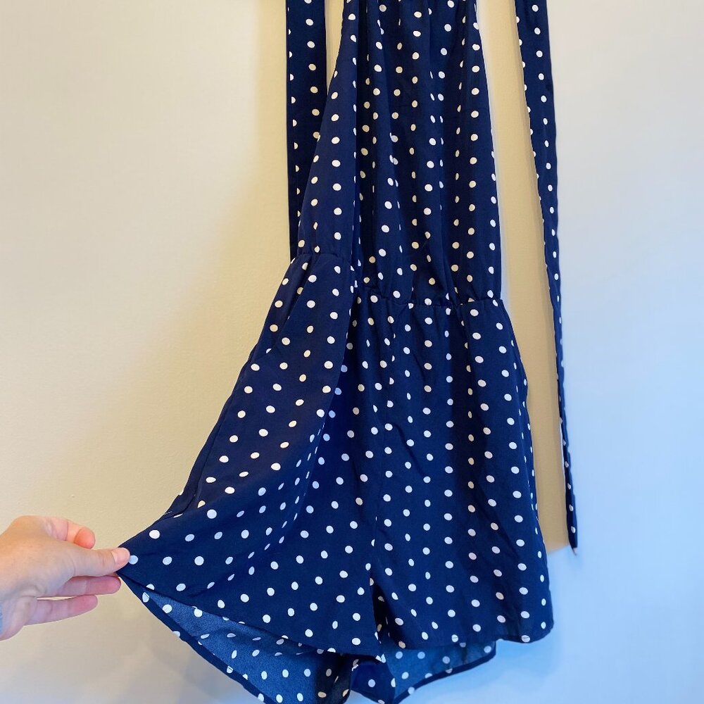 Navy Blue Polka Dot Halter Romper – Size S